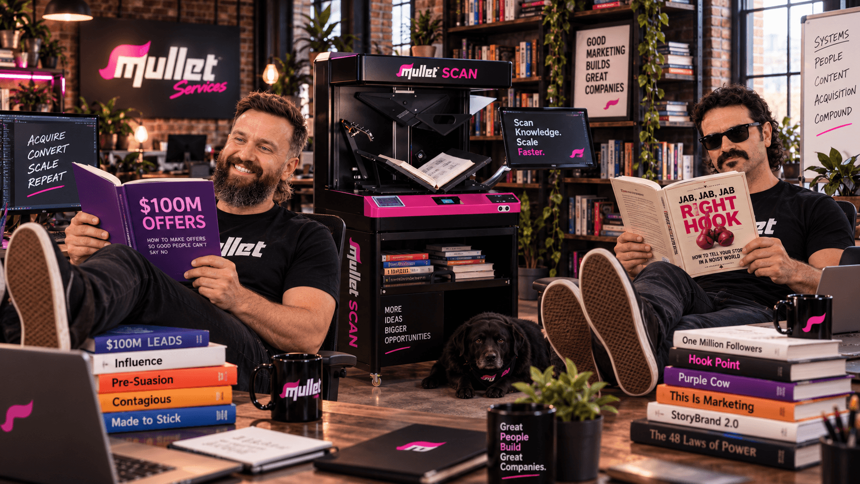 Two Mullet Services team members reading in a studio beside a marketing systems display.