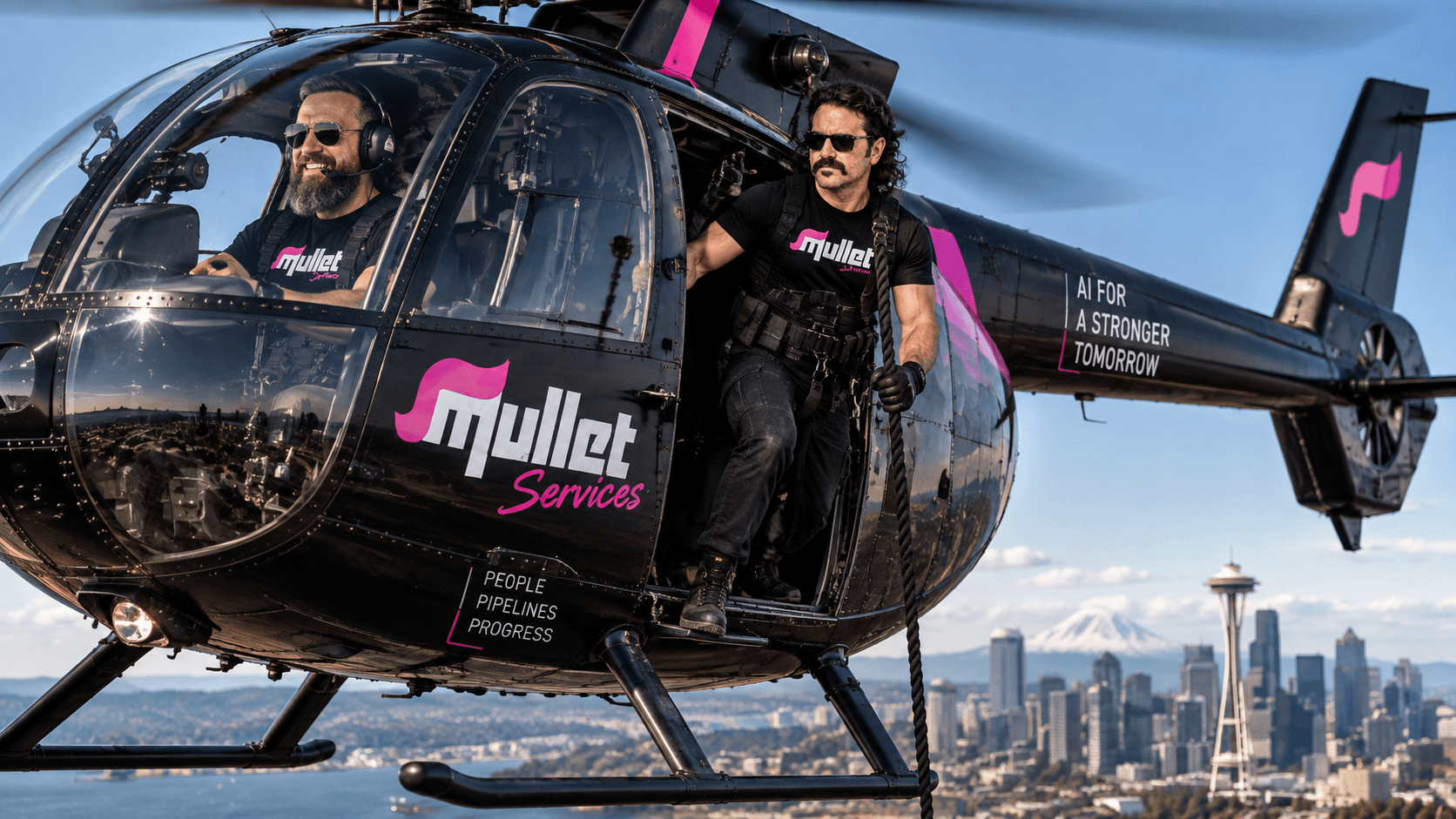 Kyle and Tom aboard a Mullet-branded helicopter over Seattle